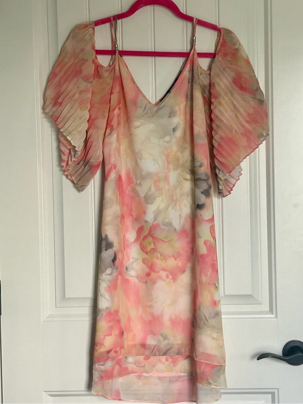 White House Black Market Coral and Cream Cold Shoulder Flutter Sleeve Dress